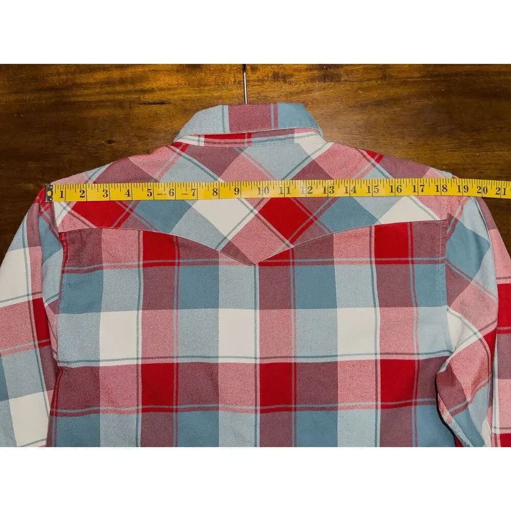 Howler Brothers Mens S Plaid Metal Snap Western Shirt Red Blue Cream